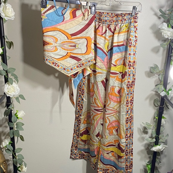 Micas Pants - Abstract Patterned Wide Leg Pants and Scarf Set